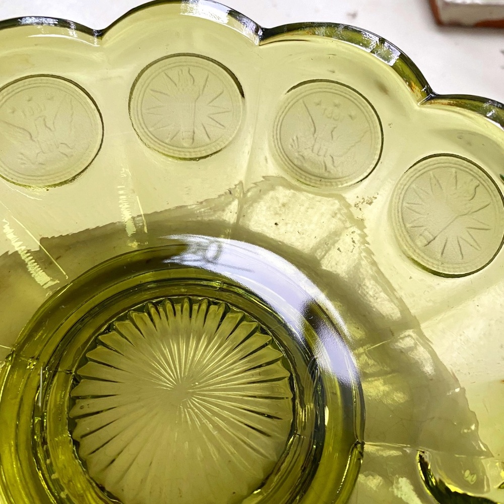 Vintage Fostoria pressed glass handled dish